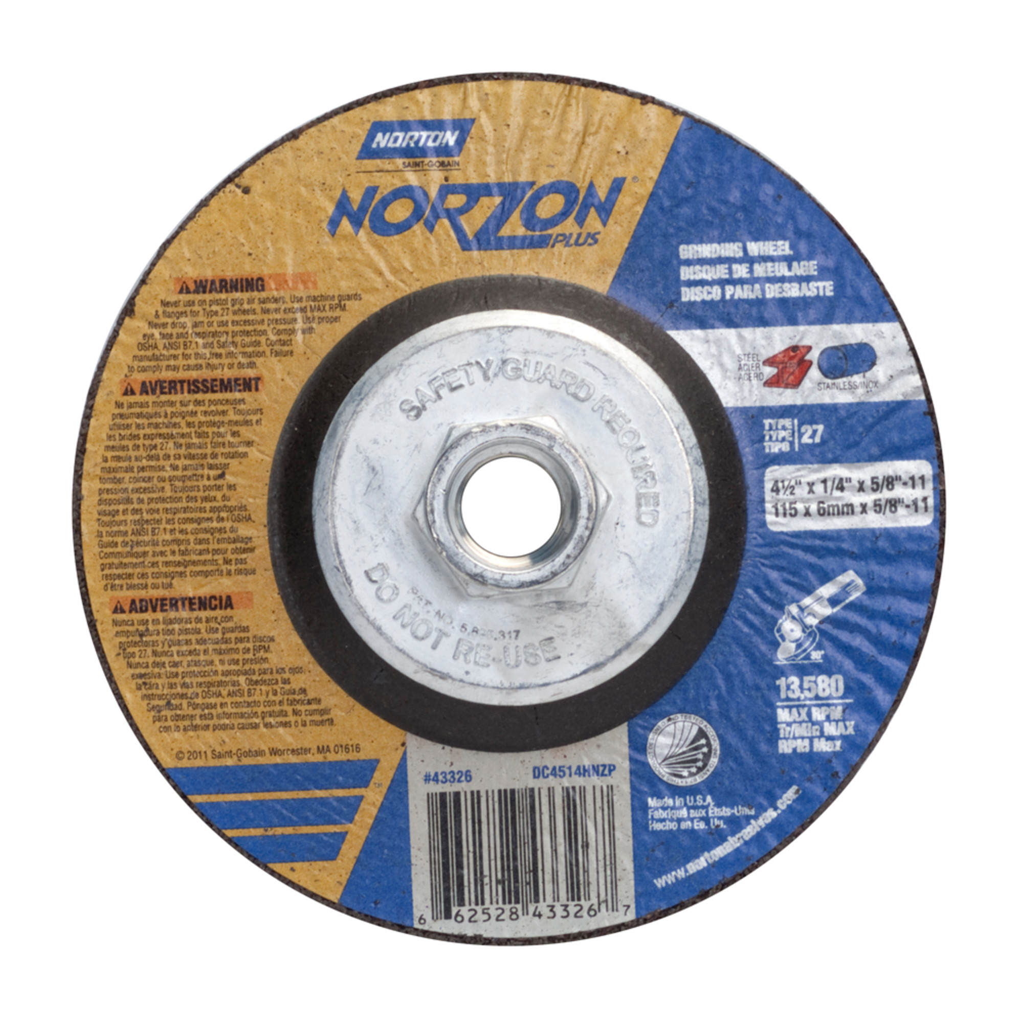 Norton Abrasives 4-1/2 x 1/4 x 5/8 - 11 In. Wheel